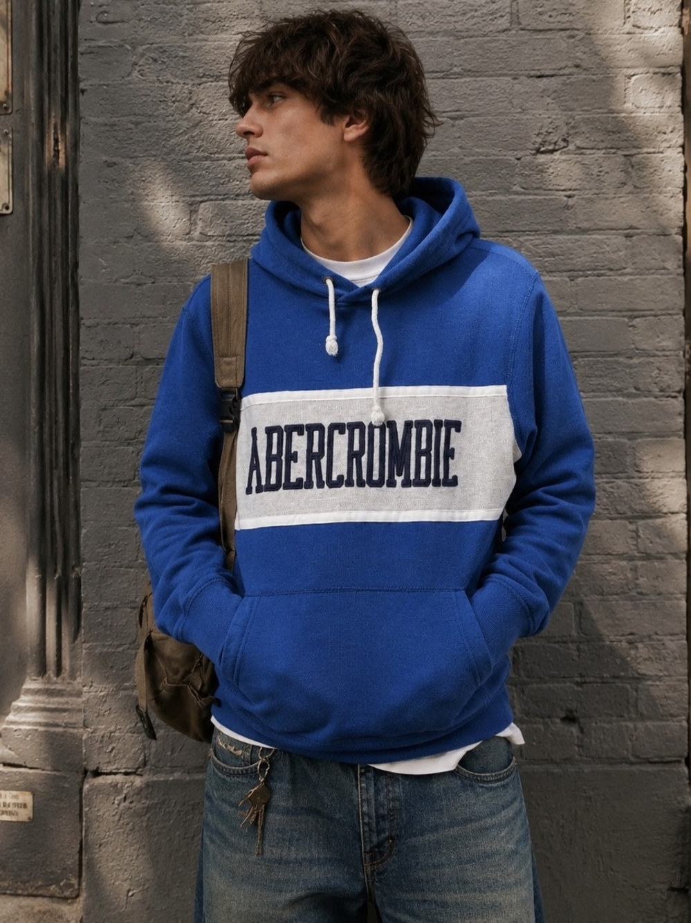 Abercrombie Fitch Blue Hoodie Sweatshirt Spellout Raised Letter Sz M Y2K Revival